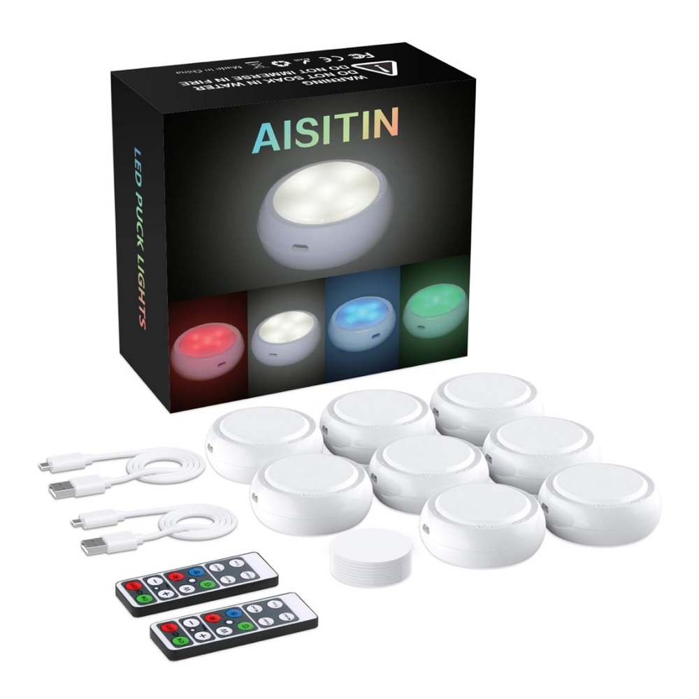 AISITIN Puck Lights Battery Operated Lights with Remote Control - 8 Pack - White